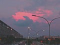 evening pink sky in the middle of the city