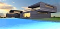 Evening pool. Cloudy sunset. Courtyard of a wonderful estate. Great design to buy property in Ottawa. 3d rendering Royalty Free Stock Photo