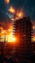 Evening progress Building under construction silhouetted against the sunset Royalty Free Stock Photo