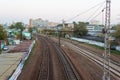 Evening railway track curve in city Royalty Free Stock Photo