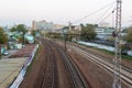 Evening railway track curve in city