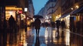 evening rainy city street modern building windows , people silhouette with umbrella Royalty Free Stock Photo