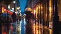 evening rainy city street modern building windows , people silhouette with umbrella