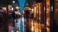 evening rainy city street modern building windows , people silhouette with umbrella