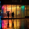 evening rainy city street modern building windows , people silhouette with umbrella