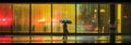 evening rainy city street modern building windows , people silhouette with umbrella Royalty Free Stock Photo