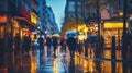 evening rainy city street modern building windows , people silhouette with umbrella