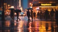 evening rainy city street modern building windows , people silhouette with umbrella