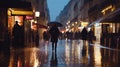 evening rainy city street modern building windows , people silhouette with umbrella