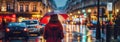 evening rainy city street modern building windows , people silhouette with umbrella