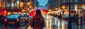 evening rainy city street modern building windows , people silhouette with umbrella