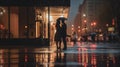 evening rainy city street modern building windows , people silhouette with umbrella Royalty Free Stock Photo