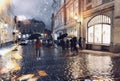 Evening rainy urban street people walk with umbreellas city bokeh blurred light wet pavement medieval houses i