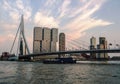 Evening Rotterdam Skyline with the Ship under Erasmus Bridge Kop van Zuid neighborhood, The Netherlands Royalty Free Stock Photo