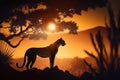 Evening savanna - sunset backlight silhouette of a cheetah Royalty Free Stock Photo