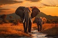 Evening scene elephants crossing Olifant River in Amboseli National Park Royalty Free Stock Photo