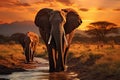 Evening scene elephants crossing Olifant River in Amboseli National Park