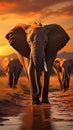 Evening scene elephants crossing Olifant River in Amboseli National Park