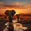 Evening scene elephants crossing Olifant River in Amboseli National Park