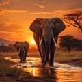Evening scene elephants crossing Olifant River in Amboseli National Park Royalty Free Stock Photo