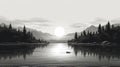 Forest Mountain Sunset: Detailed Black And White Lake Scene Illustration