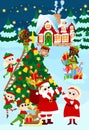 Evening scene near the house of Santa Claus. Santa and Mrs. Santa are standing next to a big Christmas tree and waving friendly. Royalty Free Stock Photo