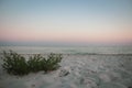 Evening seascape with dramatic sky and grass on beach. Summer nature. Scenic sunset sky over island beach. Tranquility concept.