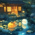 An evening setting filled with glowing windows and adorable characters with floating pumpkin lanterns Royalty Free Stock Photo