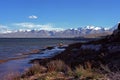 Evening shadows on the shore of sacred Manasarovar Lake in Tibet. Royalty Free Stock Photo