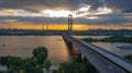 South bridge in Kiev. Sunset over the Dnieper. Thick clouds over the evening city.