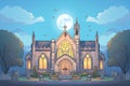 evening shot of a gothic revival church highlighting the rose window, magazine style illustration