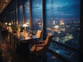 Evening shot of hightech skyscraper office interior