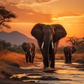 Evening shot in Kruger National Park elephants crossing the Olifant River