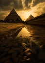 evening shot in the setting sun on the pyramids ,view from the ground from below