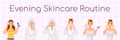 Evening skincare routine flat color vector characters set