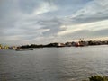 Amazing river with ship. Beautiful summer evening