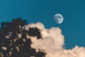 Evening sky with clouds and bright partial moon. Nightsky with large moon, nature background