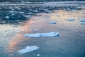 Evening sky clouds reflecting in water with ice floes in Antarctica