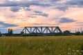 Evening sky over the railway bridge and flowered Bogolyubovo meadow, Vladimir region. Royalty Free Stock Photo