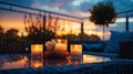 The evening sky is painted with vibrant hues as the rooftop terrace is brought to life by the warm and inviting glow of
