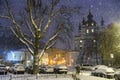 Evening snowy view of St. Andrew Church from Desyatynna Street in Kyiv, Ukraine. March 2021