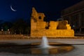 Ruin of Elche Castle in the blue hour with a water fountain in the foreground. Royalty Free Stock Photo