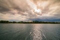 Evening storm over river and dramatic sky and clouds Royalty Free Stock Photo
