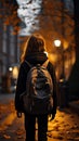 Evening street ambiance, cute primary student with backpack, back view