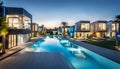 Evening street with high-tech houses with swimming pools and scenic lighting, concept of living in a high-tech house Royalty Free Stock Photo