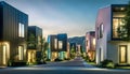 Evening street with high-tech houses with swimming pools and scenic lighting, concept of living in a high-tech house Royalty Free Stock Photo