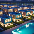 Evening street with high-tech houses with swimming pools and scenic lighting, concept of living in a high-tech house