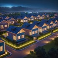 Evening street with high-tech houses with swimming pools and scenic lighting, concept of living in a high-tech house