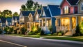 Evening street with high-tech houses with swimming pools and scenic lighting, concept of living in a high-tech house Royalty Free Stock Photo
