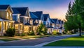 Evening street with high-tech houses with swimming pools and scenic lighting, concept of living in a high-tech house Royalty Free Stock Photo